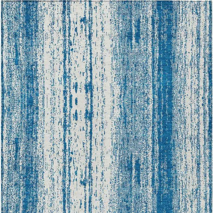 9' X 12' Navy Blue And Ivory Striped Washable Indoor Outdoor Area Rug