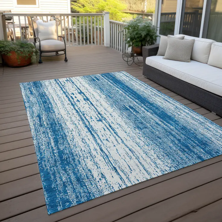 9' X 12' Navy Blue And Ivory Striped Washable Indoor Outdoor Area Rug