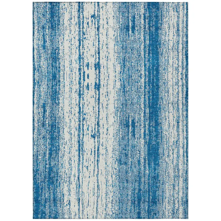 9' X 12' Navy Blue And Ivory Striped Washable Indoor Outdoor Area Rug