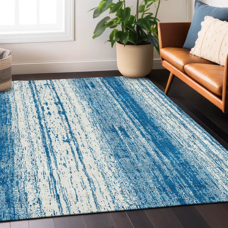 9' X 12' Navy Blue And Ivory Striped Washable Indoor Outdoor Area Rug