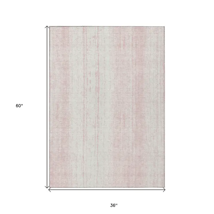 3' X 5' Pink And Ivory Striped Washable Indoor Outdoor Area Rug