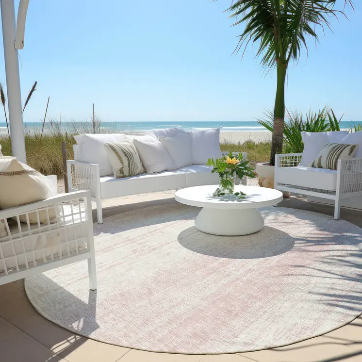 8' Pink And Ivory Round Striped Washable Indoor Outdoor Area Rug