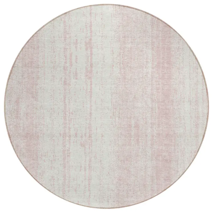 8' Pink And Ivory Round Striped Washable Indoor Outdoor Area Rug