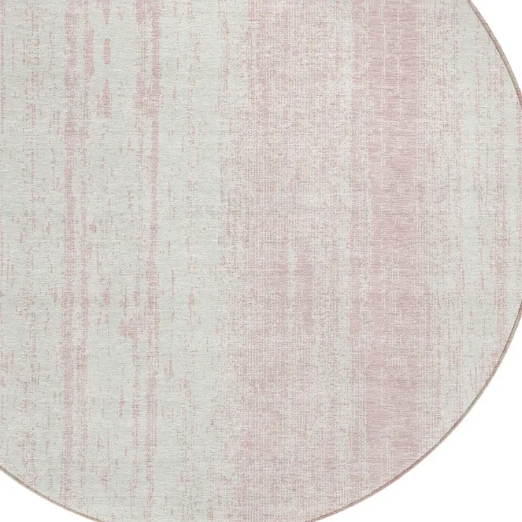 8' Pink And Ivory Round Striped Washable Indoor Outdoor Area Rug