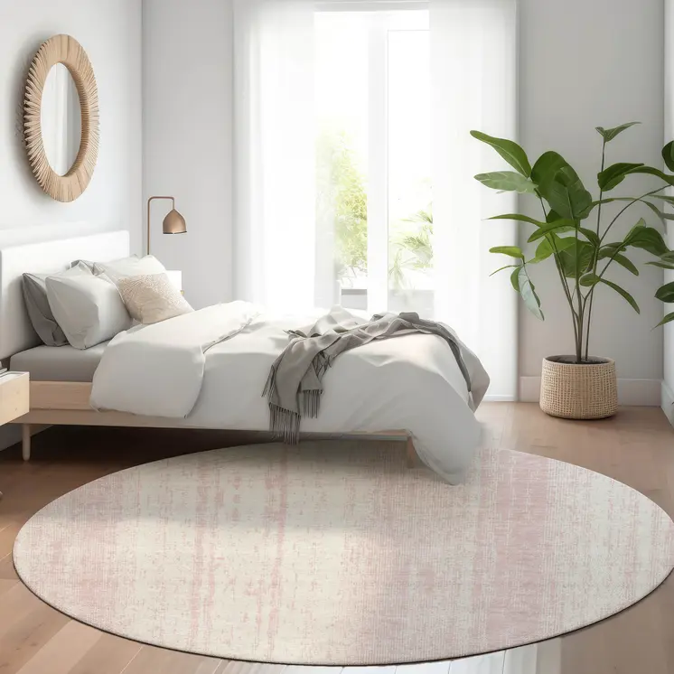 8' Pink And Ivory Round Striped Washable Indoor Outdoor Area Rug