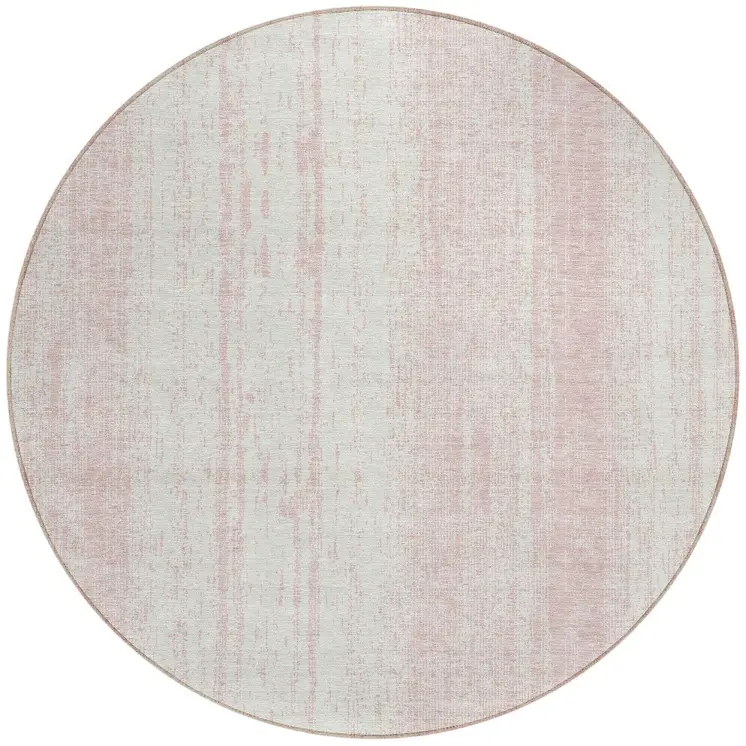 8' Pink And Ivory Round Striped Washable Indoor Outdoor Area Rug