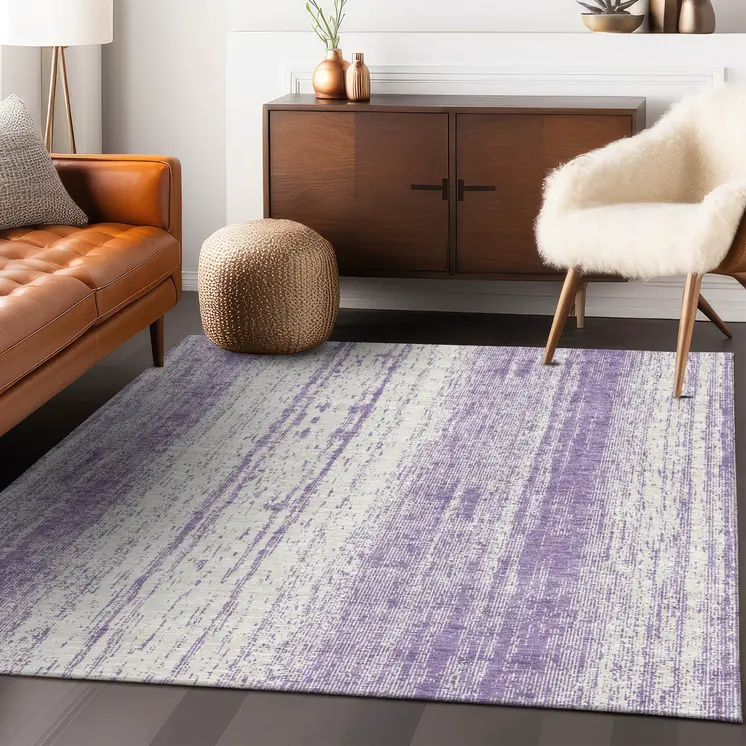 3' X 5' Purple And Ivory Striped Washable Indoor Outdoor Area Rug