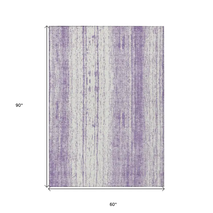 5' X 8' Purple And Ivory Striped Washable Indoor Outdoor Area Rug