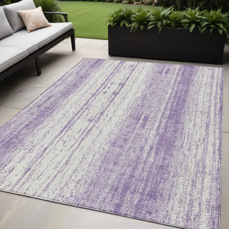 5' X 8' Purple And Ivory Striped Washable Indoor Outdoor Area Rug