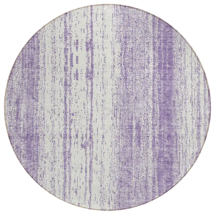 8' Purple And Ivory Round Striped Washable Indoor Outdoor Area Rug