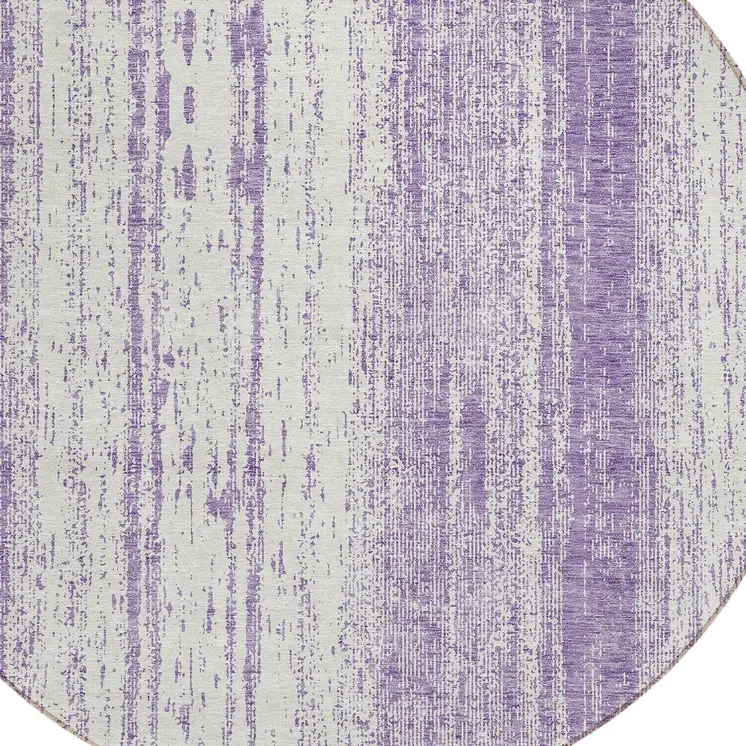 8' Purple And Ivory Round Striped Washable Indoor Outdoor Area Rug