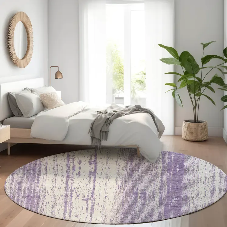 8' Purple And Ivory Round Striped Washable Indoor Outdoor Area Rug