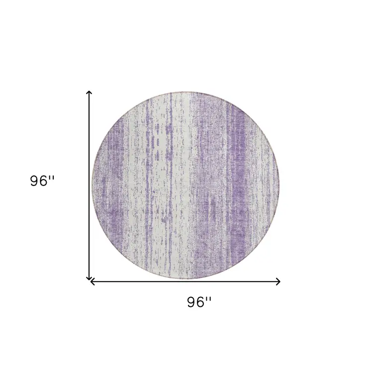 8' Purple And Ivory Round Striped Washable Indoor Outdoor Area Rug