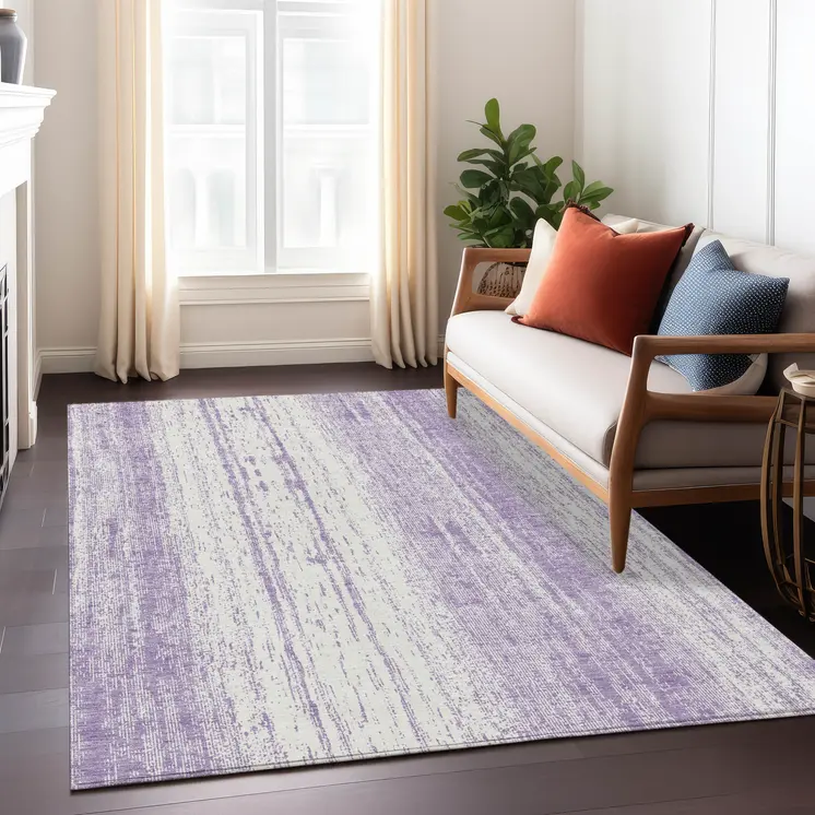 9' X 12' Purple And Ivory Striped Washable Indoor Outdoor Area Rug
