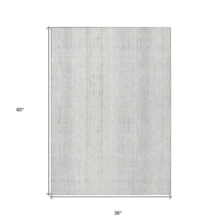 3' X 5' Silver And Ivory Striped Washable Indoor Outdoor Area Rug