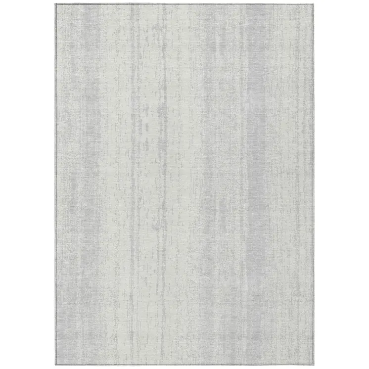9' X 12' Silver And Ivory Striped Washable Indoor Outdoor Area Rug