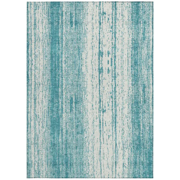 5' X 8' Teal Blue And Ivory Striped Washable Indoor Outdoor Area Rug