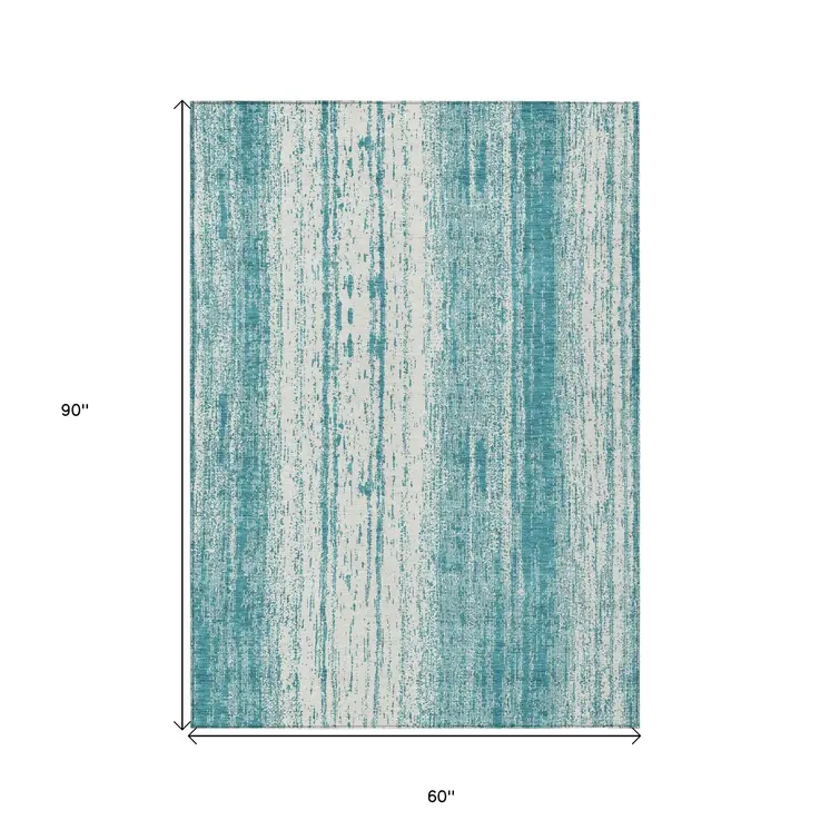 5' X 8' Teal Blue And Ivory Striped Washable Indoor Outdoor Area Rug