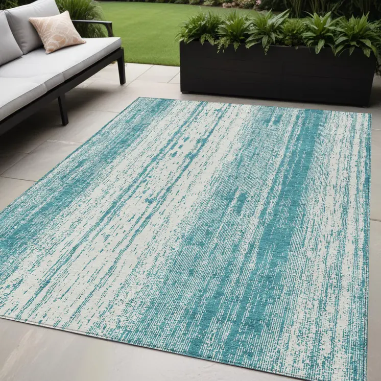 5' X 8' Teal Blue And Ivory Striped Washable Indoor Outdoor Area Rug