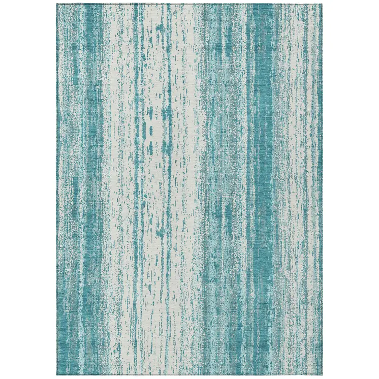 5' X 8' Teal Blue And Ivory Striped Washable Indoor Outdoor Area Rug