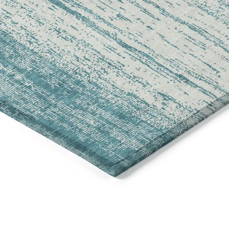 5' X 8' Teal Blue And Ivory Striped Washable Indoor Outdoor Area Rug