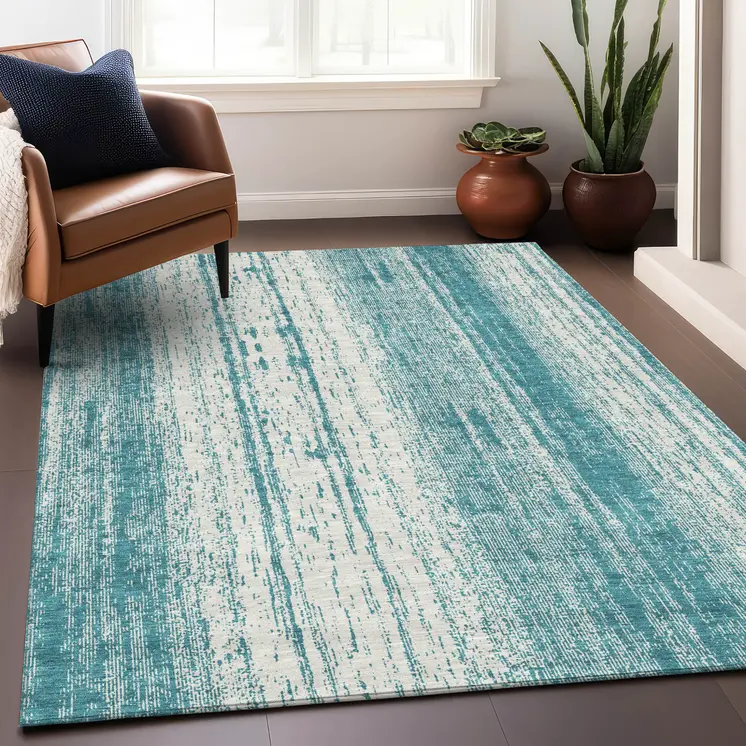 5' X 8' Teal Blue And Ivory Striped Washable Indoor Outdoor Area Rug