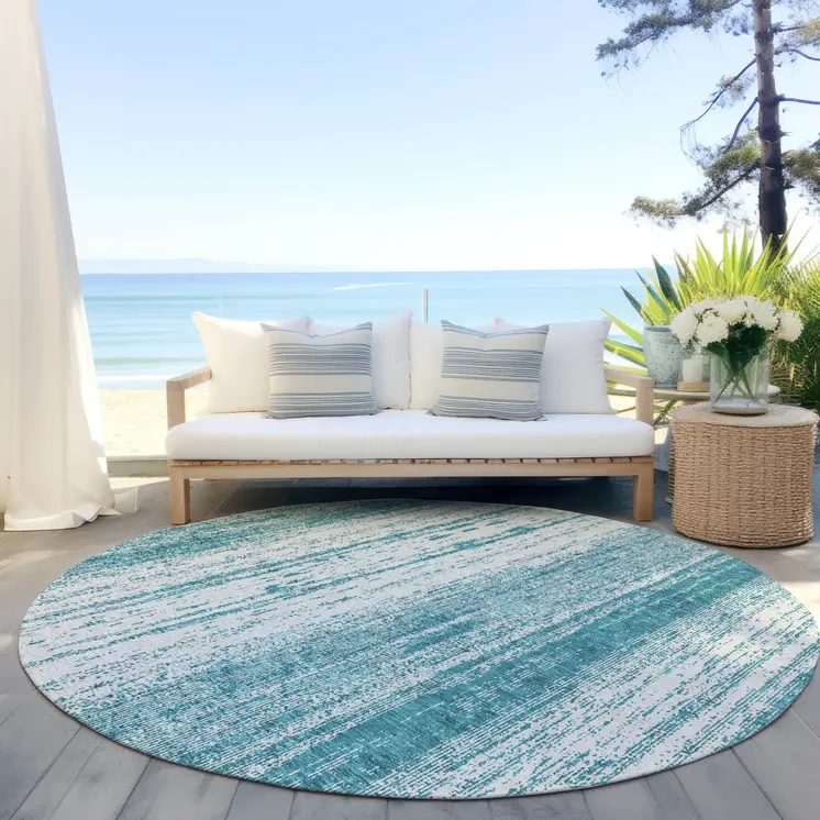 8' Teal Blue And Ivory Round Striped Washable Indoor Outdoor Area Rug