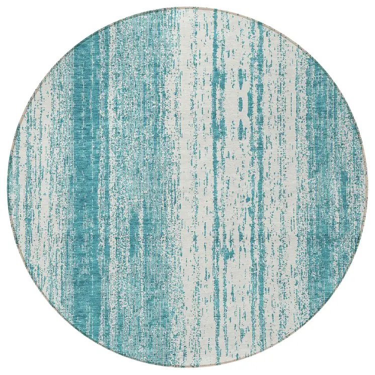 8' Teal Blue And Ivory Round Striped Washable Indoor Outdoor Area Rug