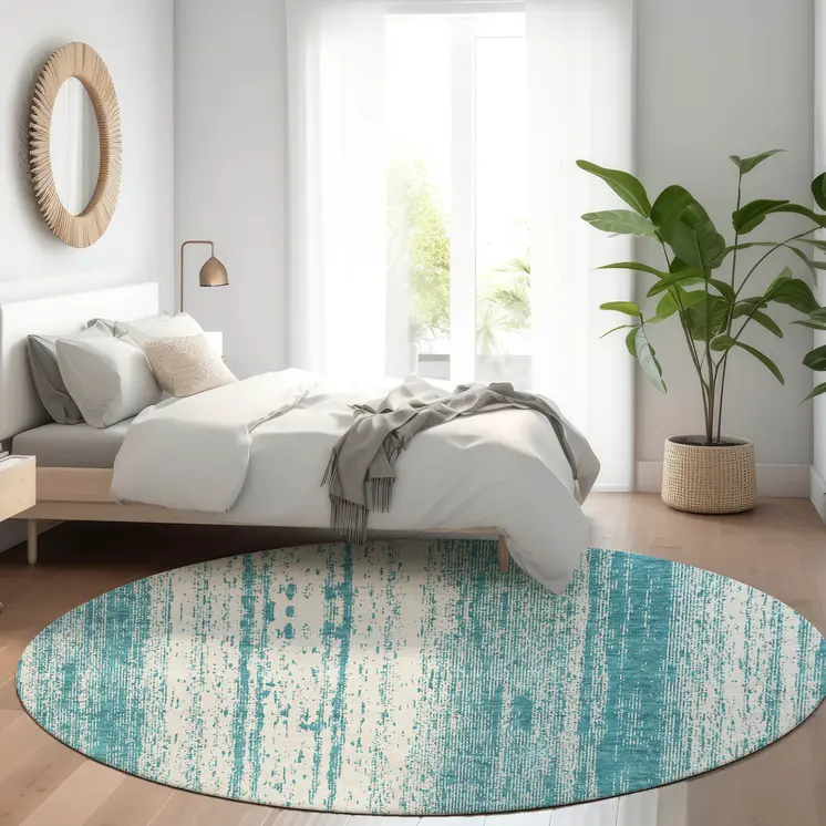 8' Teal Blue And Ivory Round Striped Washable Indoor Outdoor Area Rug