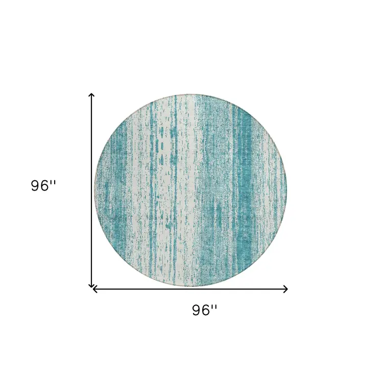 8' Teal Blue And Ivory Round Striped Washable Indoor Outdoor Area Rug