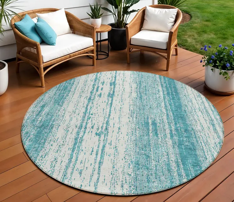 8' Teal Blue And Ivory Round Striped Washable Indoor Outdoor Area Rug