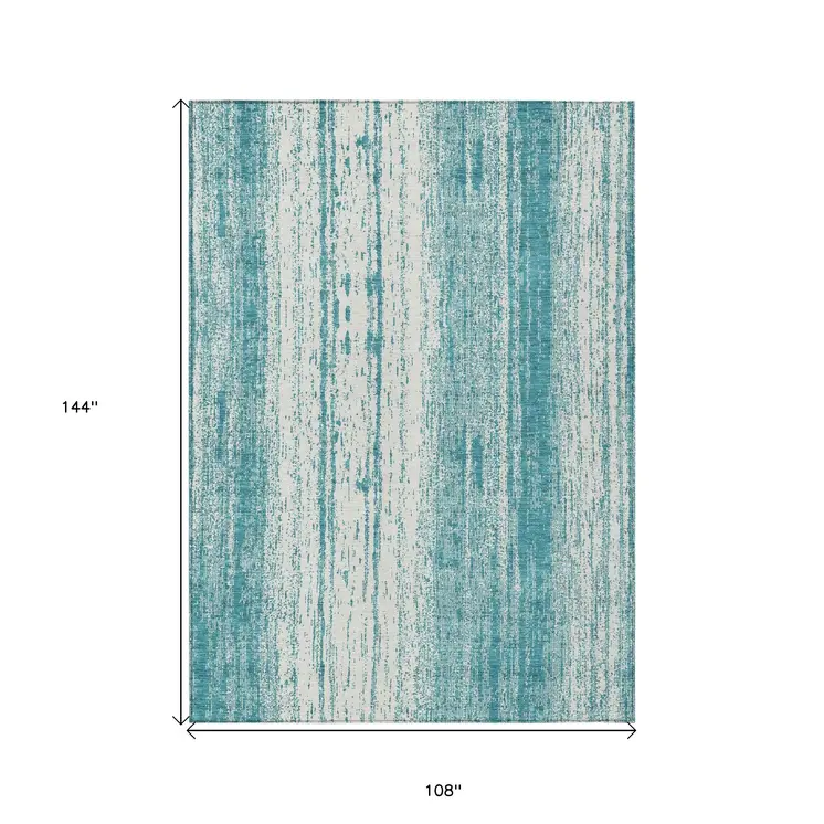 9' X 12' Teal Blue And Ivory Striped Washable Indoor Outdoor Area Rug