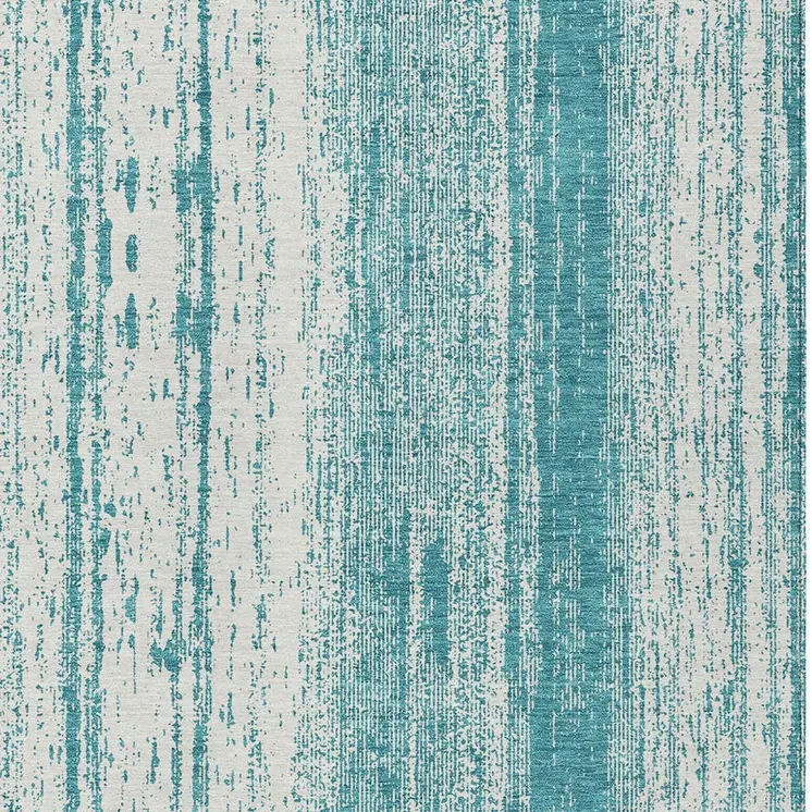 9' X 12' Teal Blue And Ivory Striped Washable Indoor Outdoor Area Rug