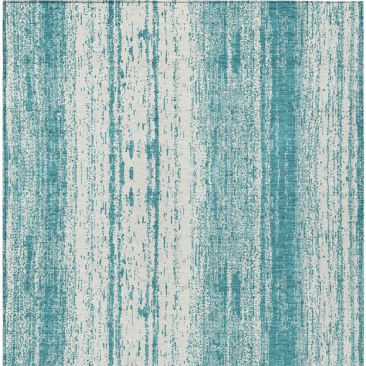 10' X 14' Teal Blue And Ivory Striped Washable Indoor Outdoor Area Rug