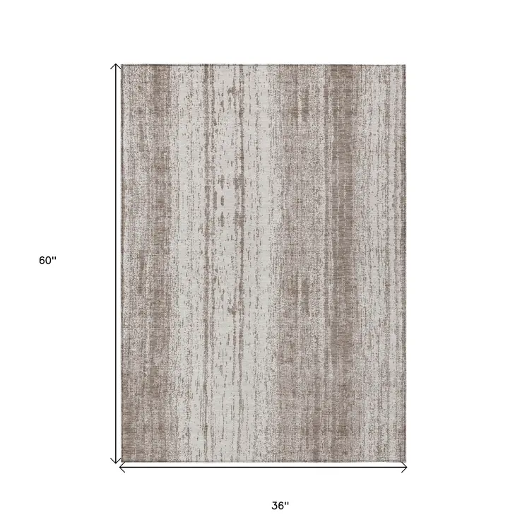 3' X 5' Taupe And Ivory Striped Washable Indoor Outdoor Area Rug