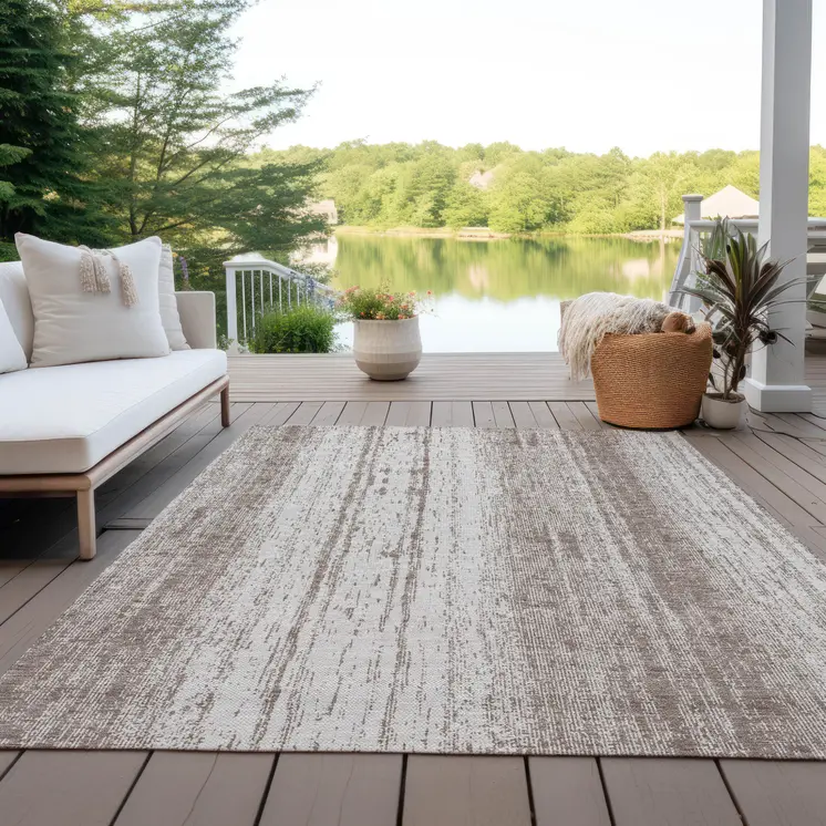 3' X 5' Taupe And Ivory Striped Washable Indoor Outdoor Area Rug