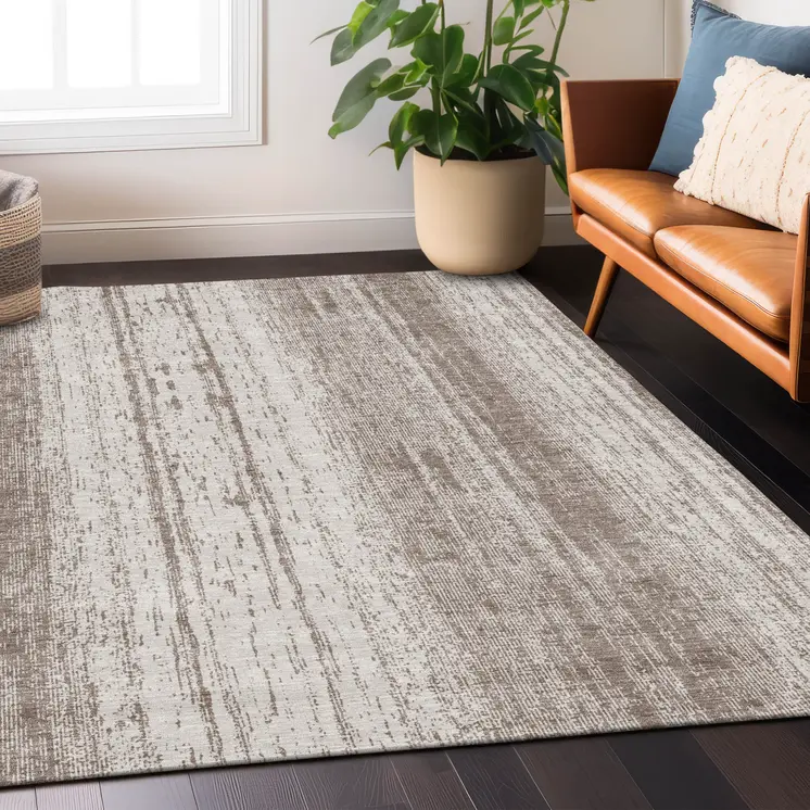 5' X 8' Taupe And Ivory Striped Washable Indoor Outdoor Area Rug