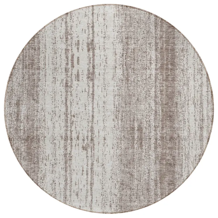 8' Taupe And Ivory Round Striped Washable Indoor Outdoor Area Rug