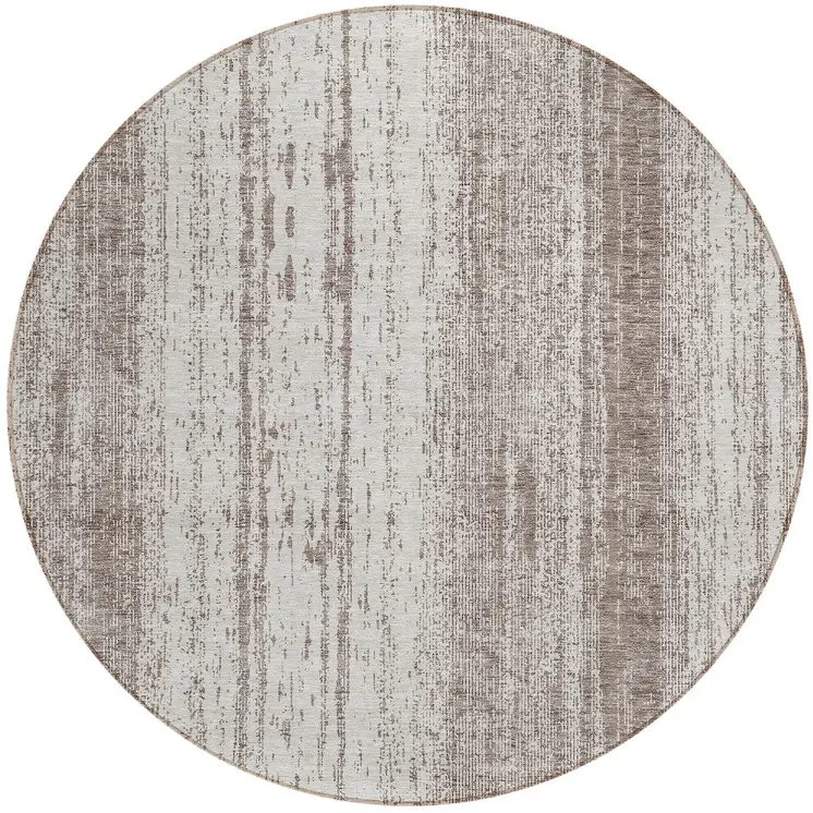 8' Taupe And Ivory Round Striped Washable Indoor Outdoor Area Rug