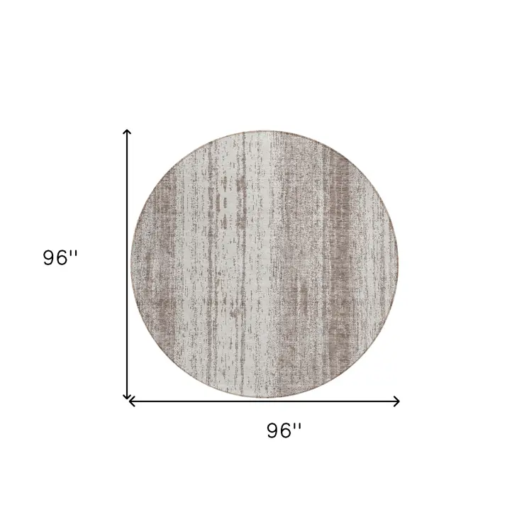8' Taupe And Ivory Round Striped Washable Indoor Outdoor Area Rug