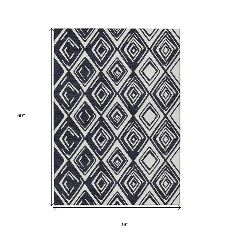 3' X 5' Black And Ivory Geometric Washable Indoor Outdoor Area Rug