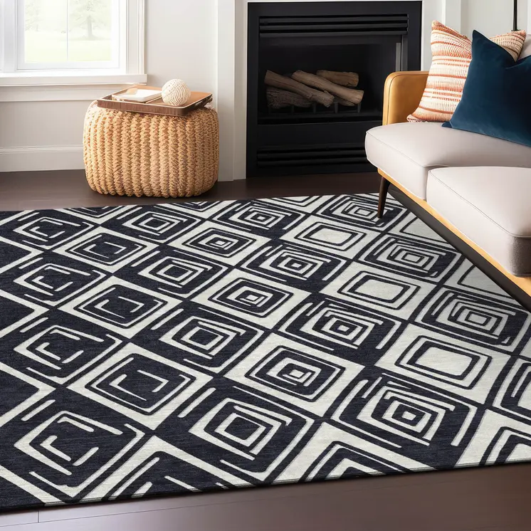 5' X 8' Black And Ivory Geometric Washable Indoor Outdoor Area Rug