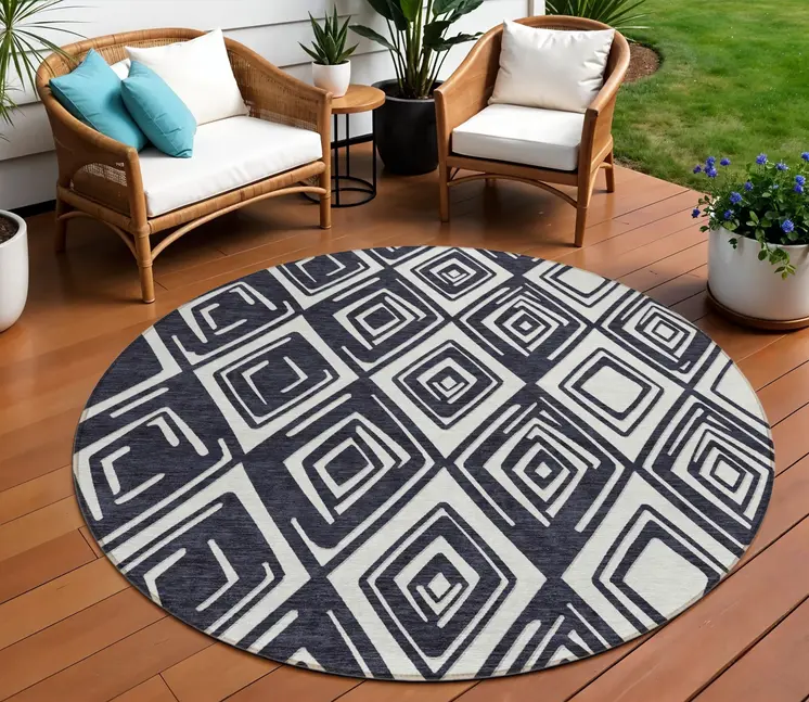 8' Black And Ivory Round Geometric Washable Indoor Outdoor Area Rug