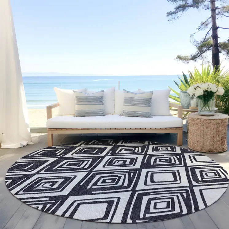 8' Black And Ivory Round Geometric Washable Indoor Outdoor Area Rug