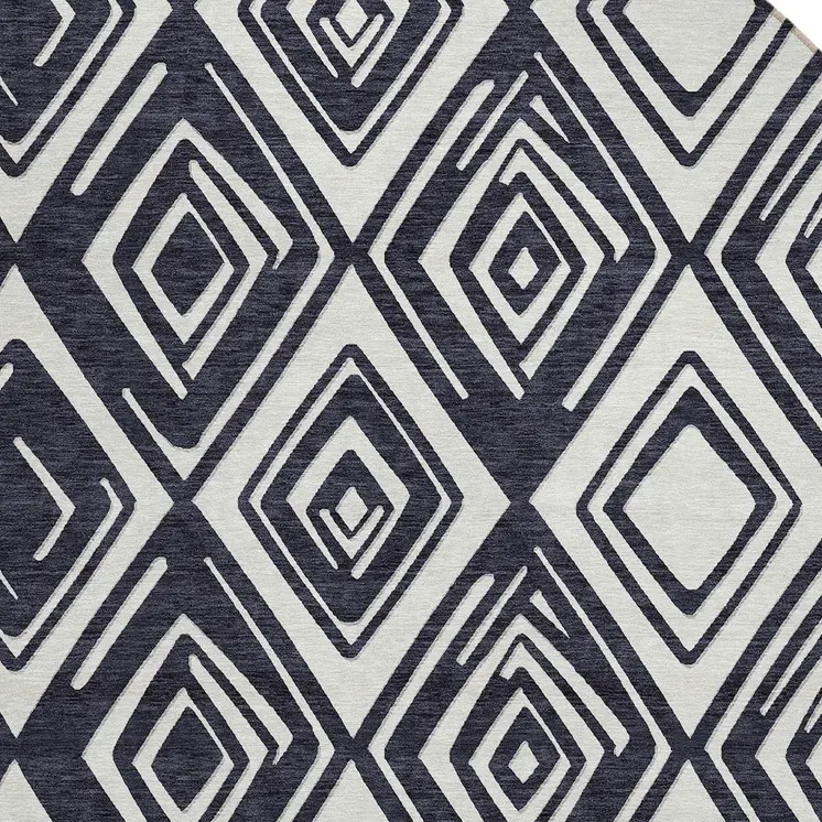 8' Black And Ivory Round Geometric Washable Indoor Outdoor Area Rug