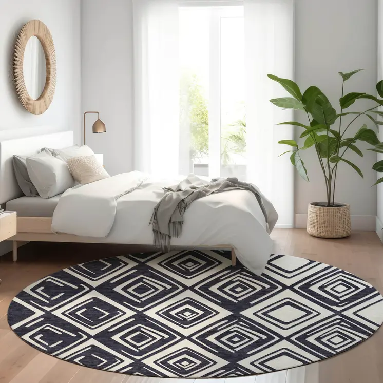 8' Black And Ivory Round Geometric Washable Indoor Outdoor Area Rug