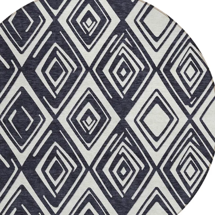 8' Black And Ivory Round Geometric Washable Indoor Outdoor Area Rug