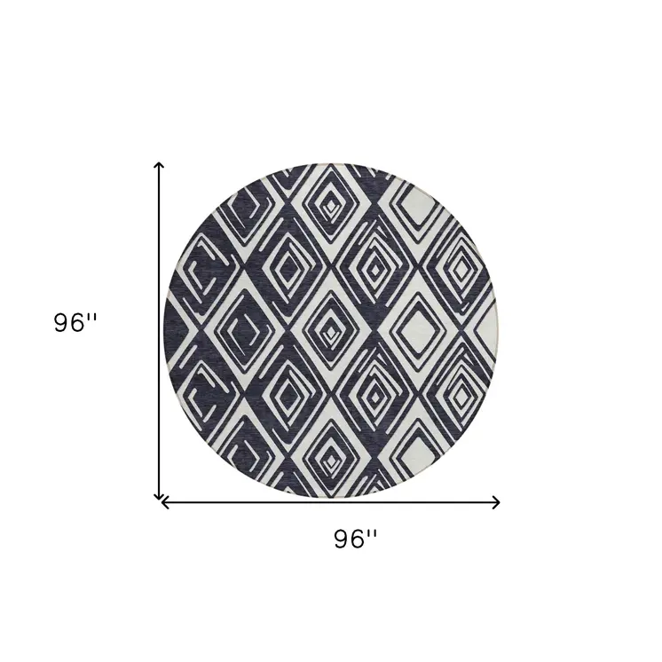 8' Black And Ivory Round Geometric Washable Indoor Outdoor Area Rug