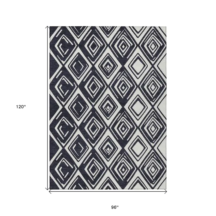 8' X 10' Black And Ivory Geometric Washable Indoor Outdoor Area Rug