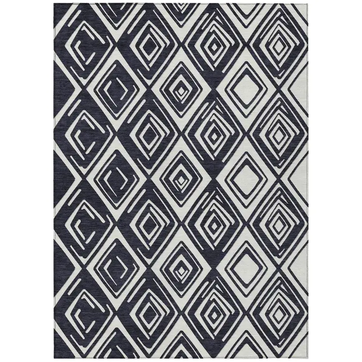 8' X 10' Black And Ivory Geometric Washable Indoor Outdoor Area Rug